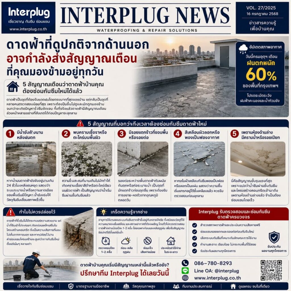 5 สัญญาณเตือนว่าดาดฟ้าบ้านคุณต้องซ่อมกันซึมใหม่ได้แล้ว
