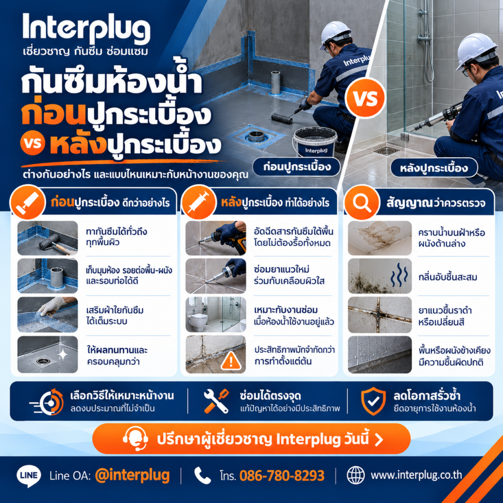 กันซึมห้องน้ำ ก่อนปูกระเบื้องกับหลังปูกระเบื้อง ต่างกันอย่างไร